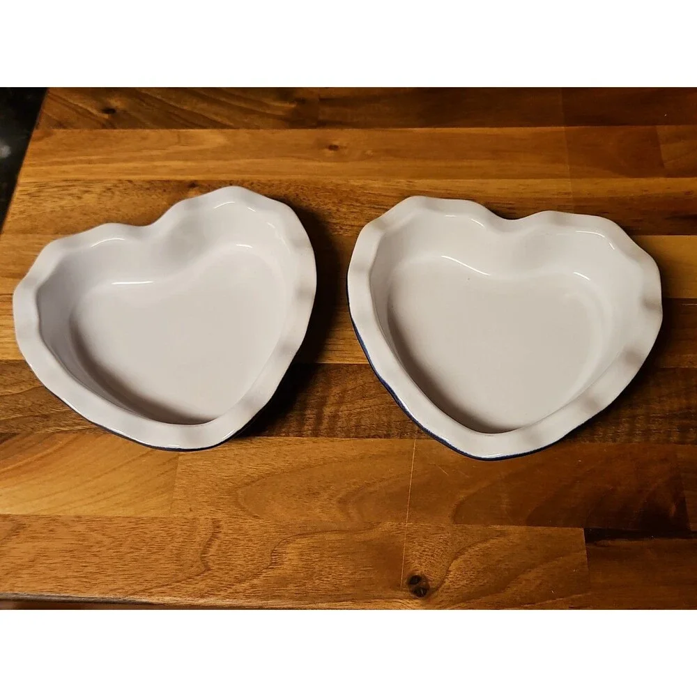 Set Of 2 Emile Henry Fluted Edge Heart Shaped Blue & White Baking Dishes #6149